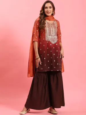 Women Rust Ornamental Printed Kurta Sharara Dupatta