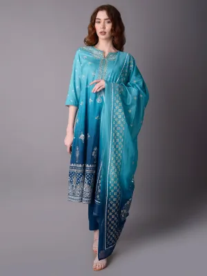 Women Teal Ornamental Printed Kurta Trouser Dupatta