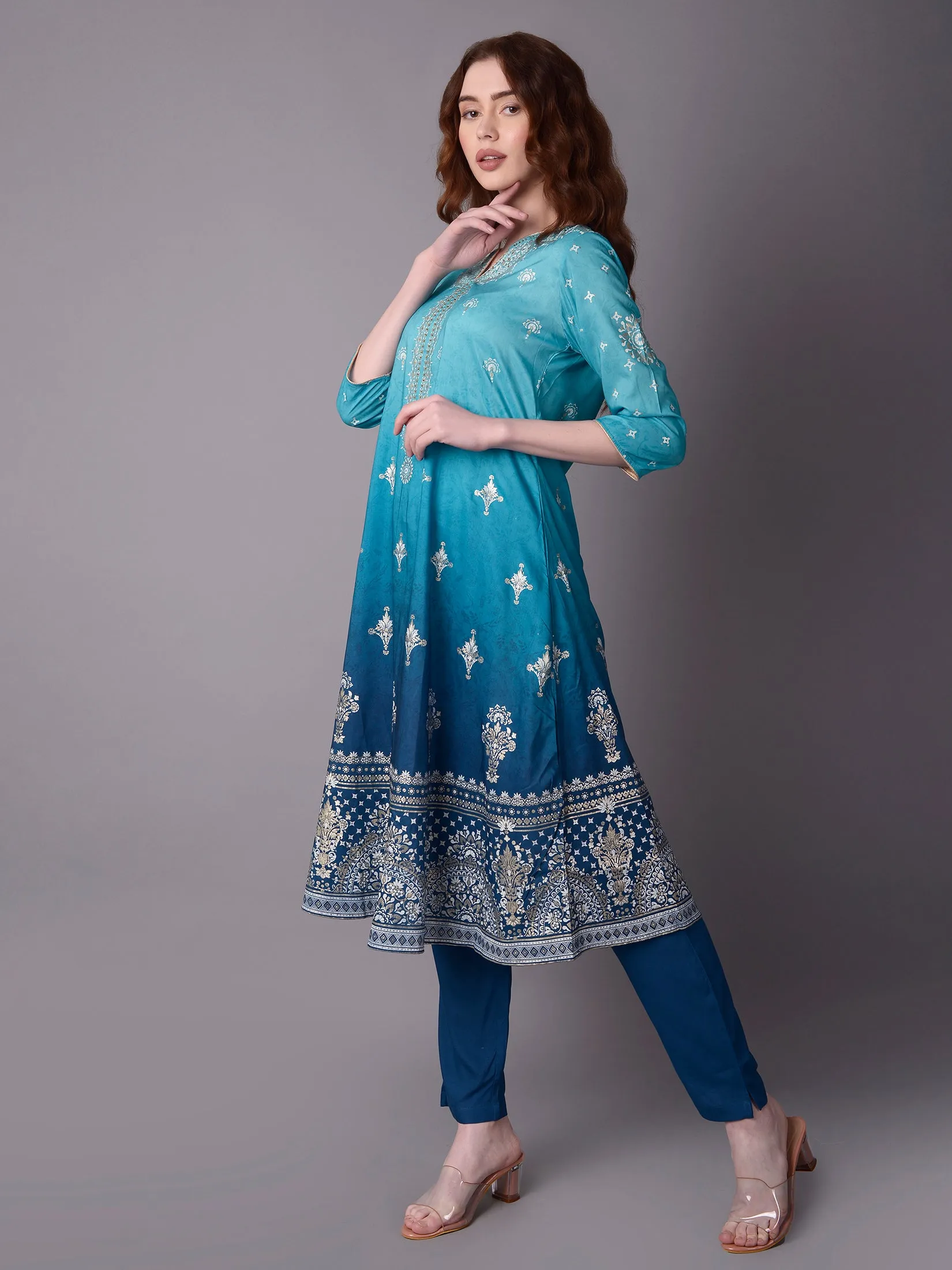 Women Teal Ornamental Printed Kurta Trouser Dupatta