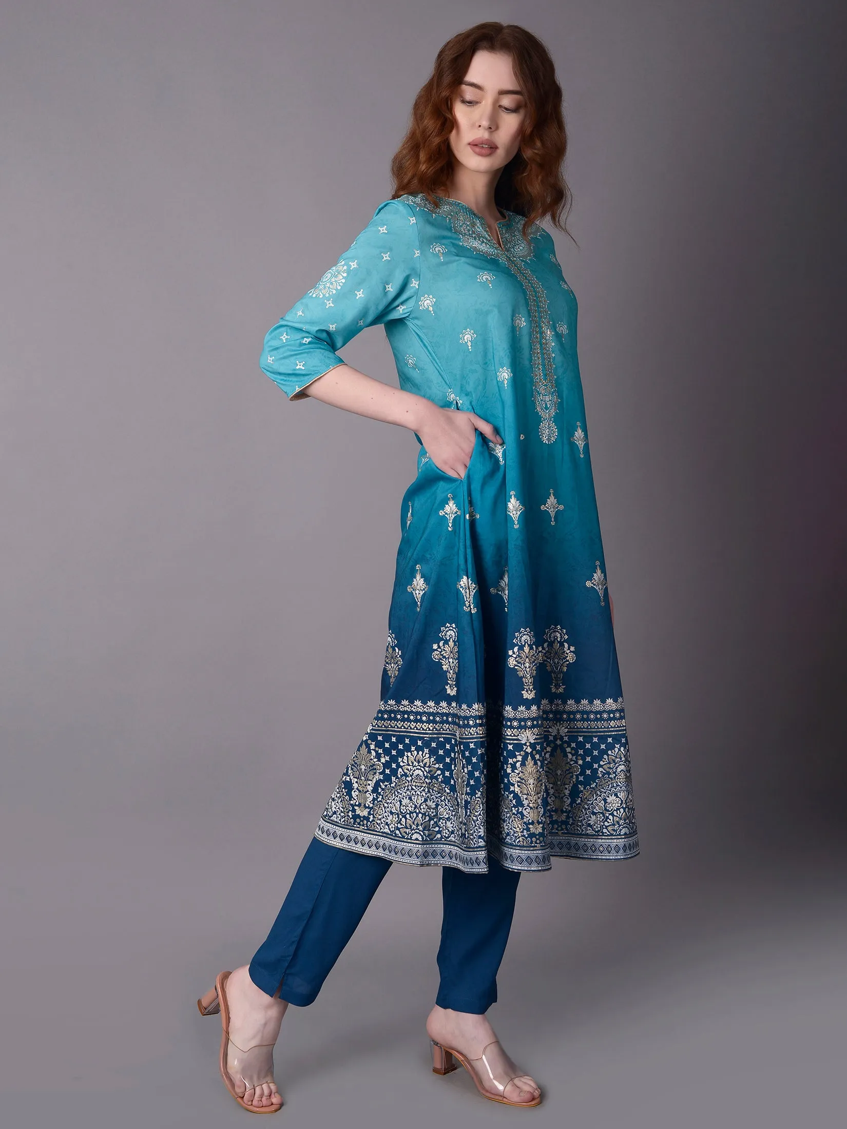 Women Teal Ornamental Printed Kurta Trouser Dupatta