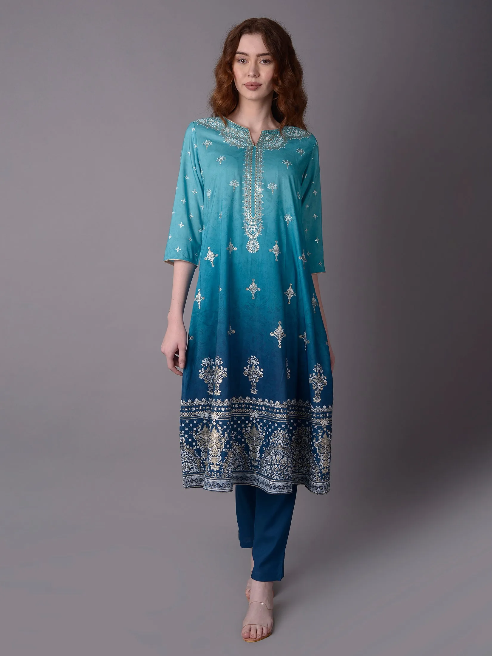 Women Teal Ornamental Printed Kurta Trouser Dupatta