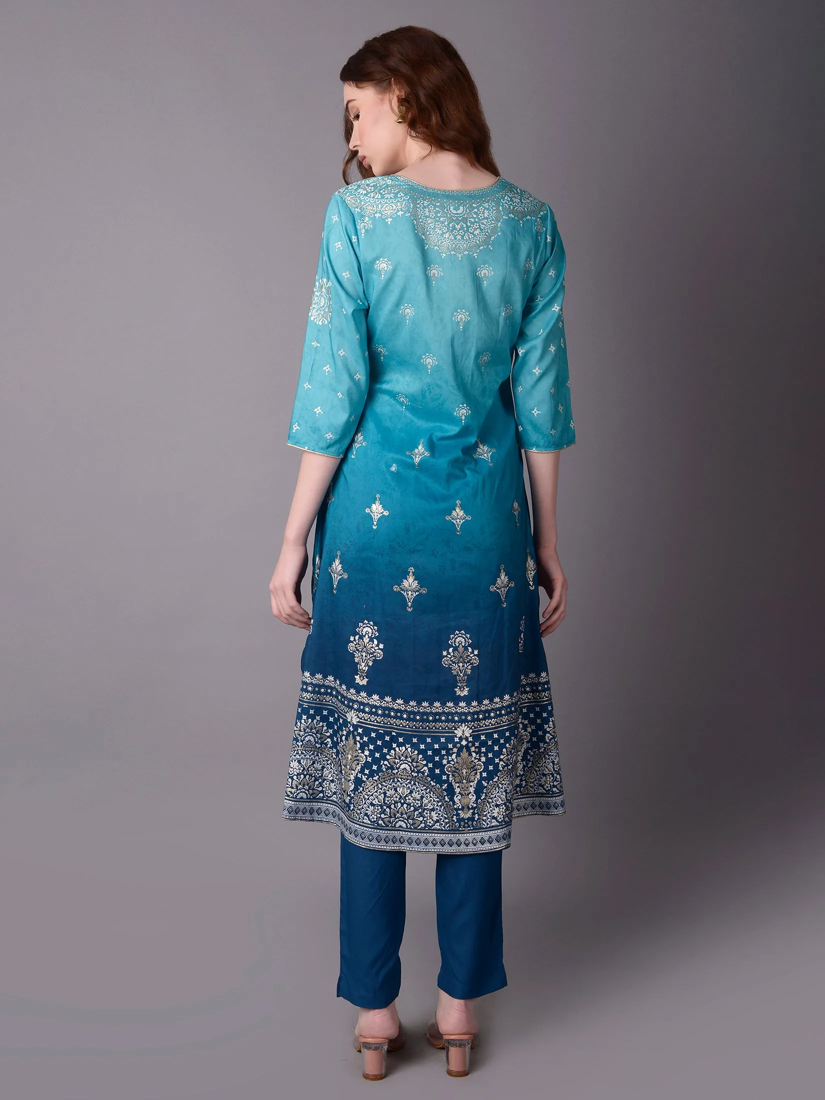 Women Teal Ornamental Printed Kurta Trouser Dupatta