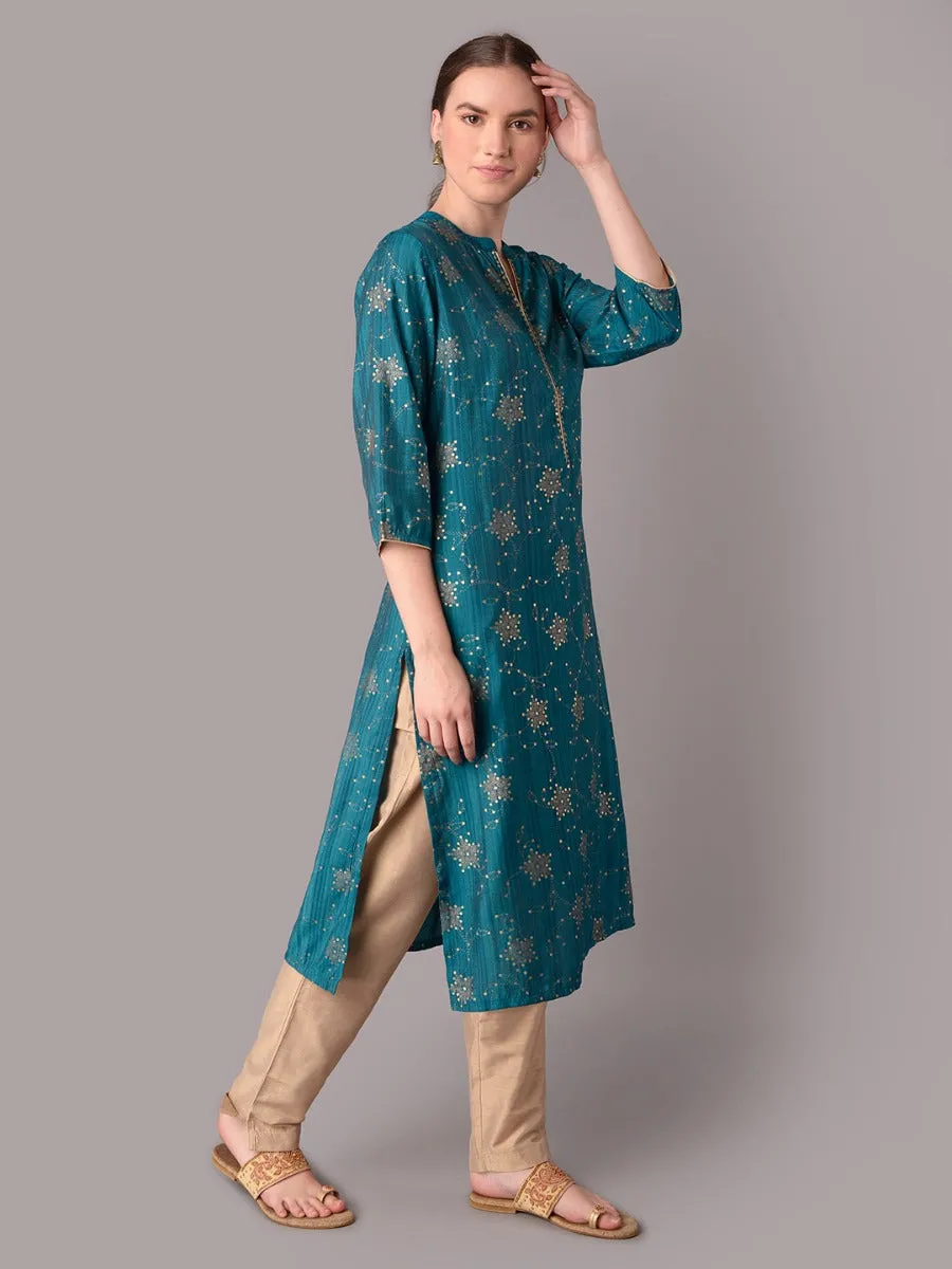 Women Turquoise Blue Ornamental Printed Kurta With Trouser