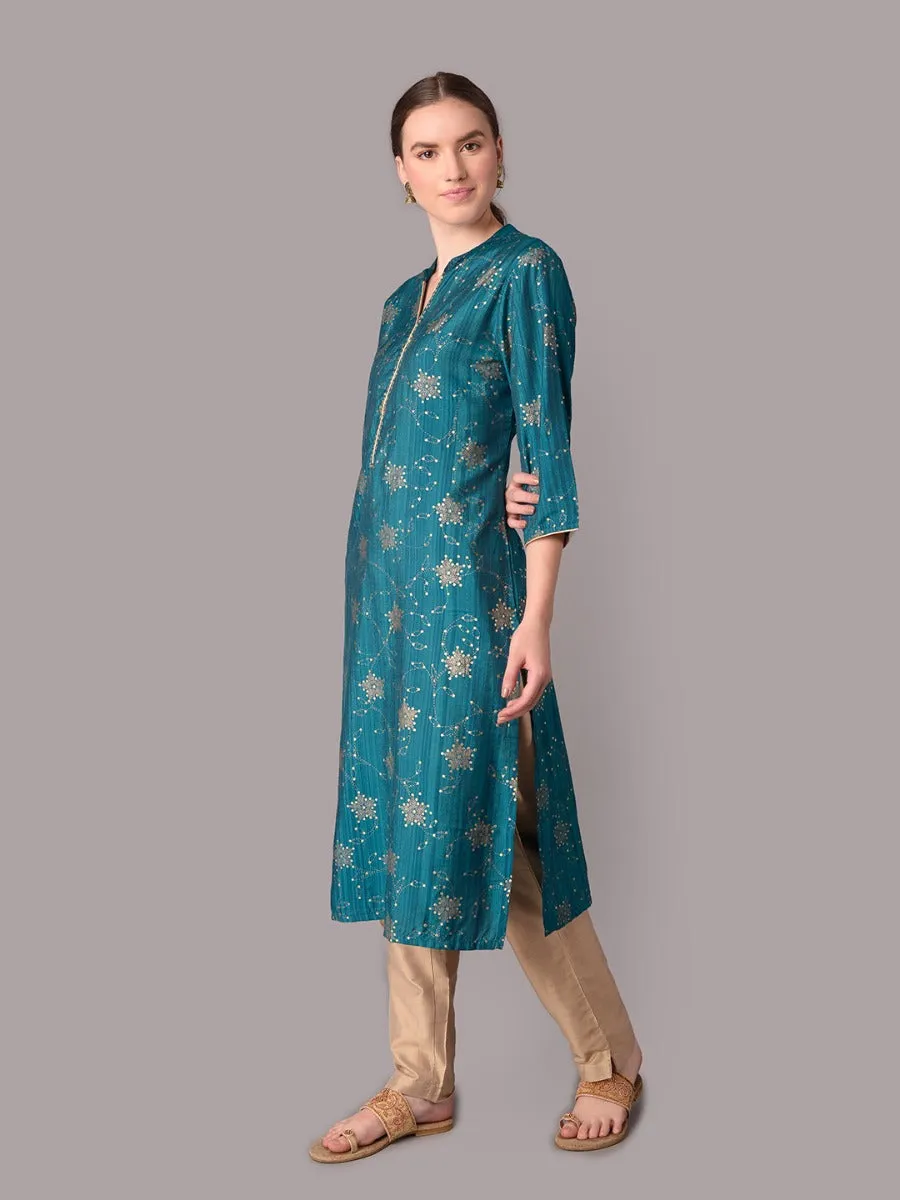 Women Turquoise Blue Ornamental Printed Kurta With Trouser