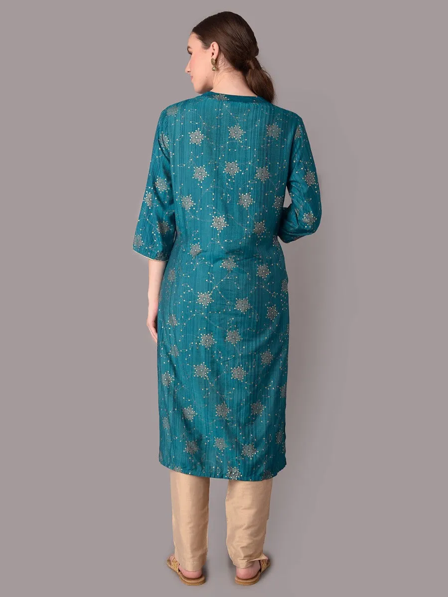 Women Turquoise Blue Ornamental Printed Kurta With Trouser