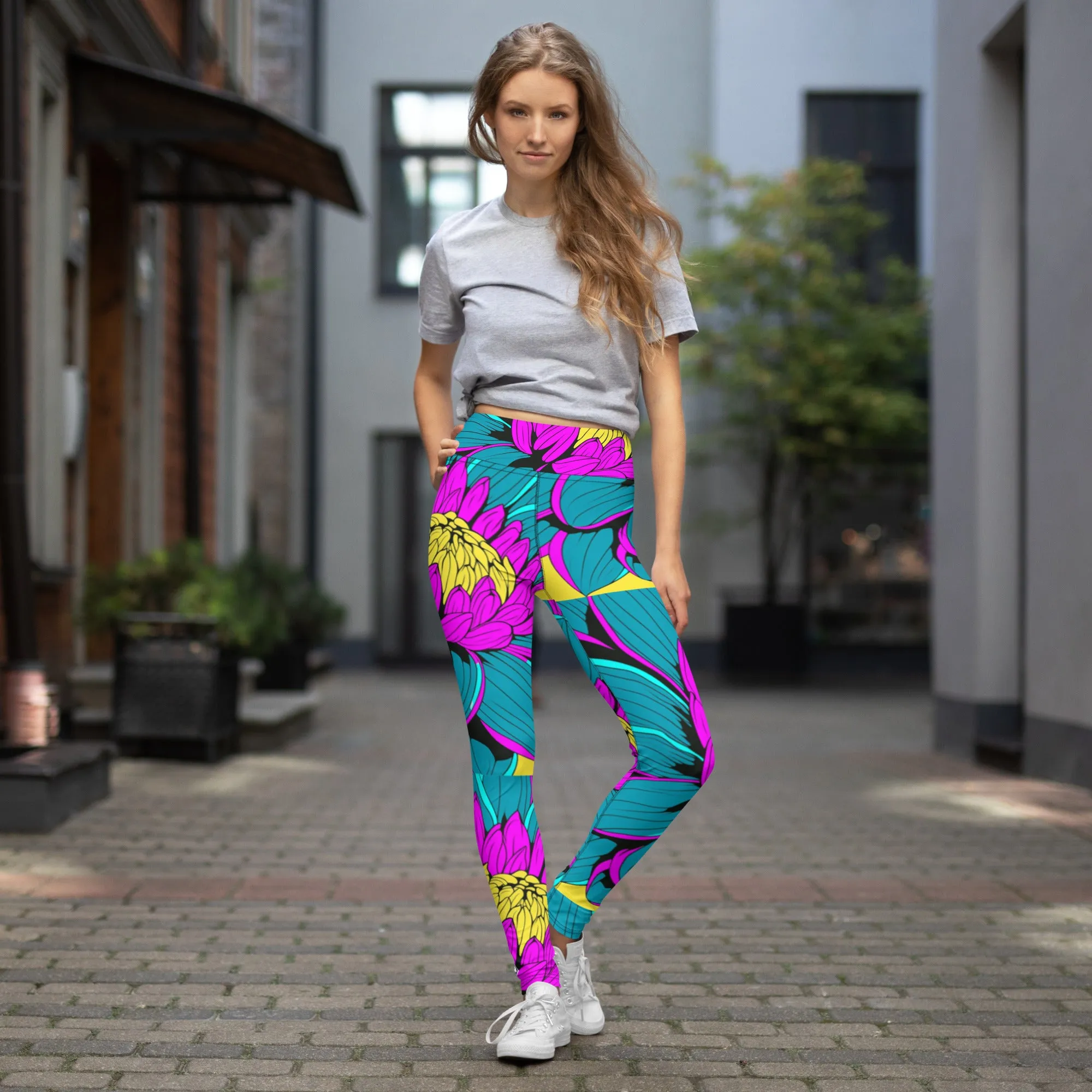 Women's Pop Art Yoga Pants - Roy Lichtenstein Inspired Dahalia Print 001